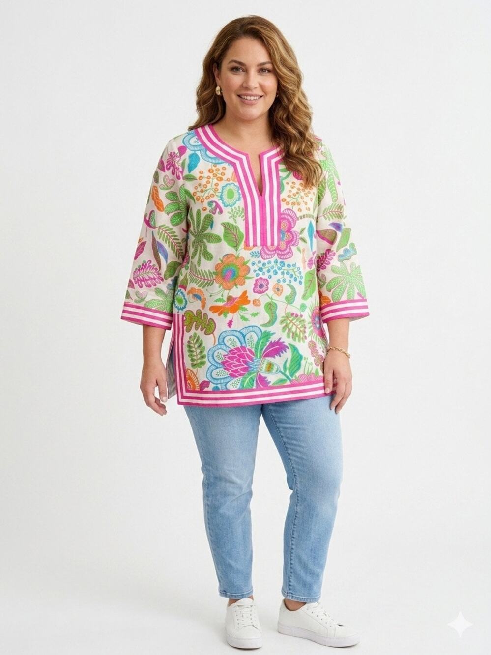 Gretchen Scott Split Neck Tunic Top Isabel's Garden Vibrant Floral Large
